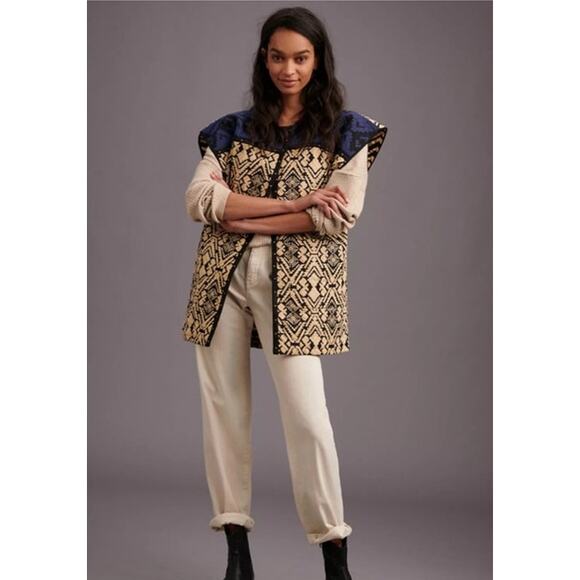 Anthropology Simona Quilted Vest round neck navy & tan colorblock size medium - Picture 1 of 16